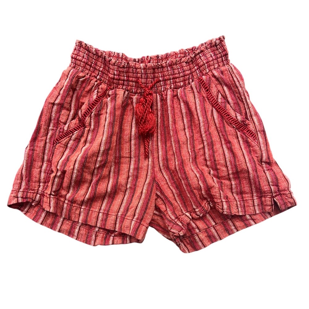Briggs Red Striped Linen Blend Smocked Waist Tassel Shorts Small Minimalist